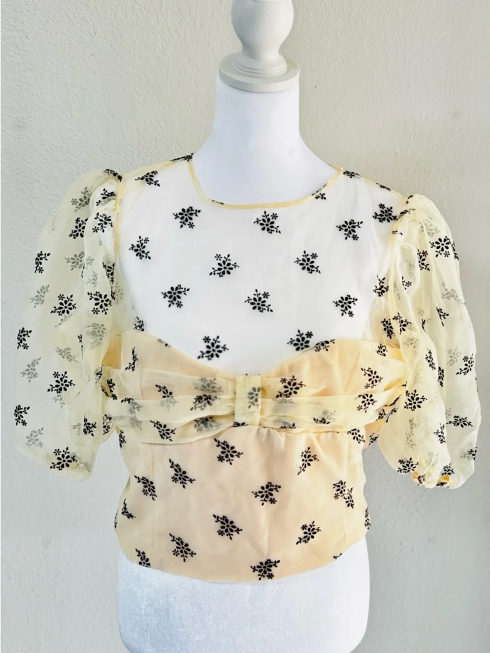 Zara Yellow Sheer Puff-Sleeve Bow Front Blouse